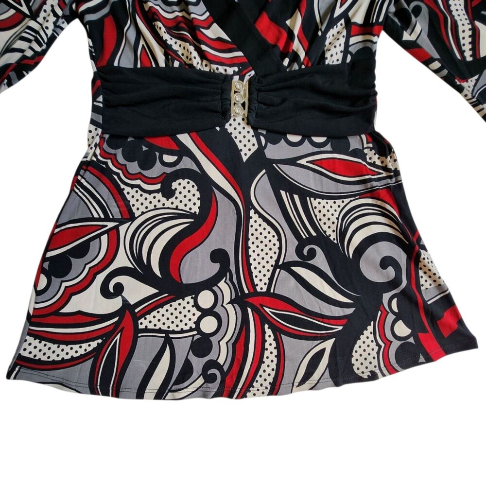 Heart Soul Red Black White Multicolor Swirl Print Faux Wrap 3/4 Sleeve Top Sz M - Picture 4 of 12